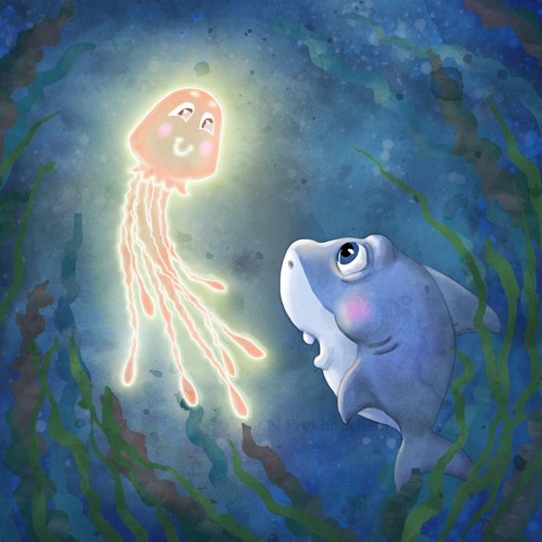 Underwater illustration with the title 'Children`s book illustration'