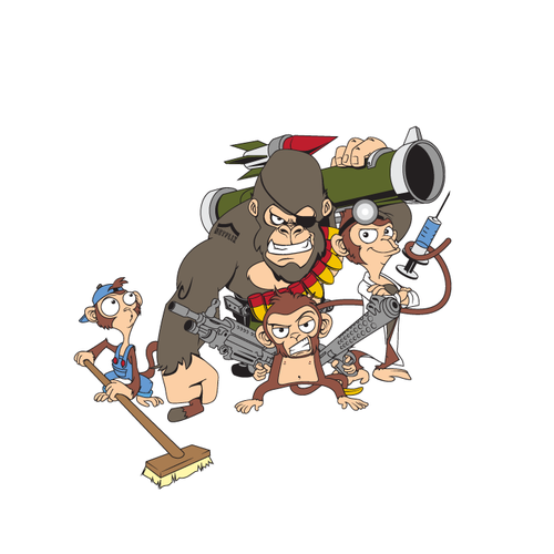 Mascot artwork with the title 'Ape and monkeys'