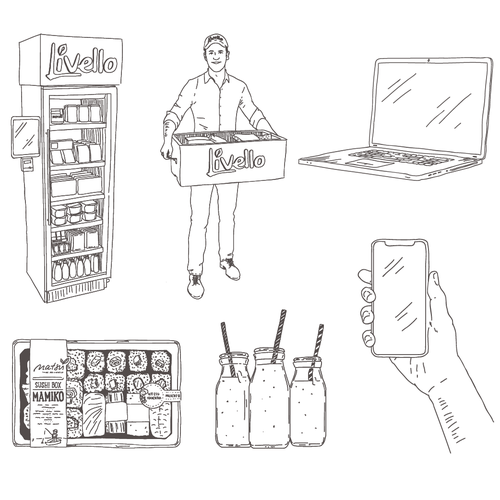 Sushi artwork with the title 'Vector icons in doodle / sketch style'