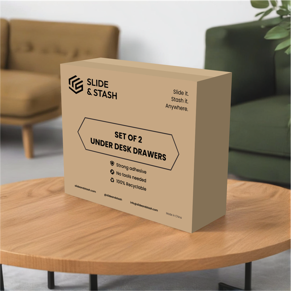 Cardboard design with the title 'Sleek packaging design for under-desk storage drawers: Slide & Stash'