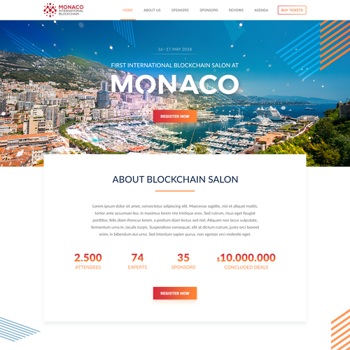 Conference design with the title 'Website Design for 1st International Blockchain Exposition in Monaco'