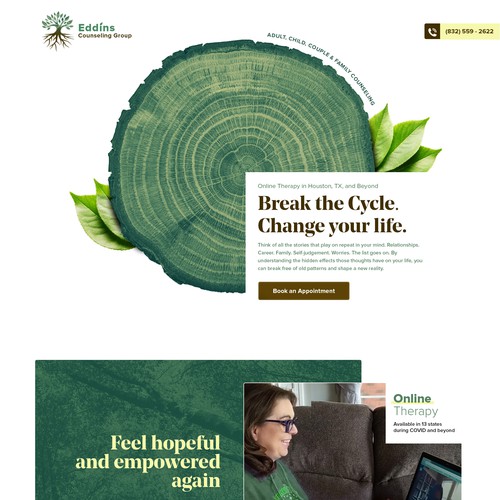 Green website with the title 'Clean, and Modern Counseling Website'