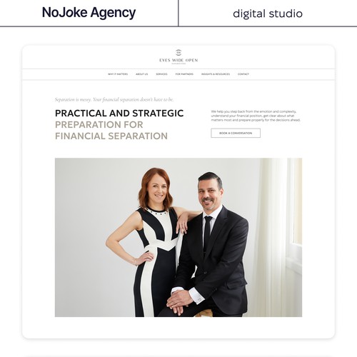 Design with the title 'Eyes Wide Open Separation: Website for a financial separation advisory'