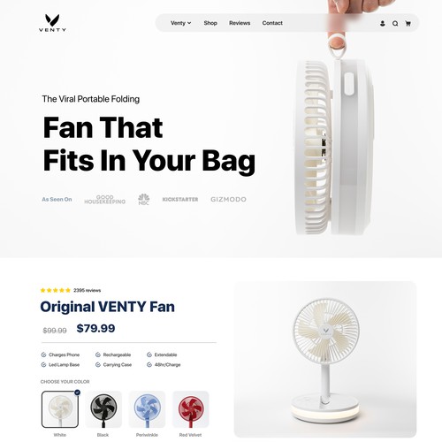 Shopify design with the title 'Venty a portable fan'