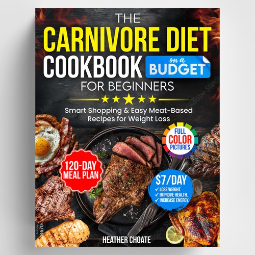 Cookbook design with the title 'The Carnivore Diet Cookbook for Beginners on a Budget'
