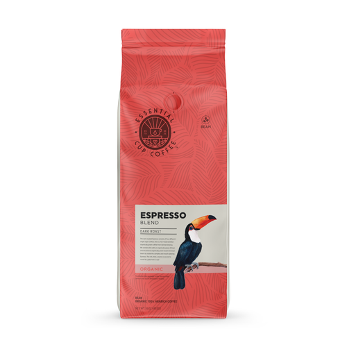 Espresso design with the title '3D Render & Visualization of Organic Espresso Blend: Essential Cup Coffee Packaging'