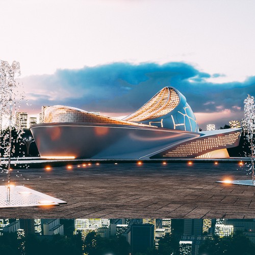 Architecture design with the title '3D Rendering for a Stadium'