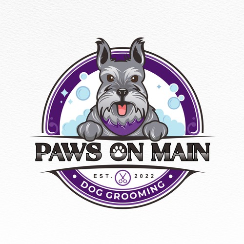 Pet grooming logo with the title 'Paws On Main'