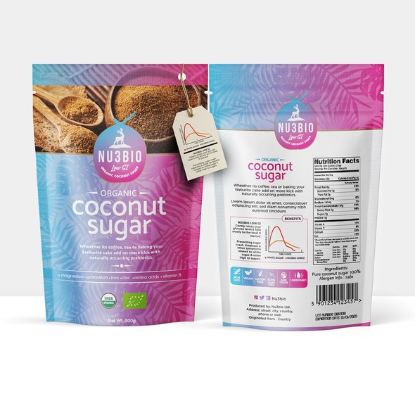 Bio packaging with the title 'Nu3BIO Organic Coconut Sugar'