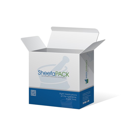 Pharmaceutical packaging with the title 'Product box for Sheefa Pharmacy'