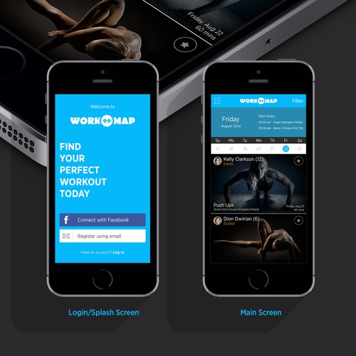 IPhone design with the title 'Create a 2 screens for new fitness app.'