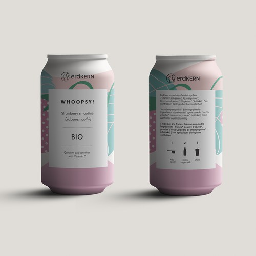 Can design with the title 'Whoopsy! Shake – Packaging design for organic strawberry smoothie powder'