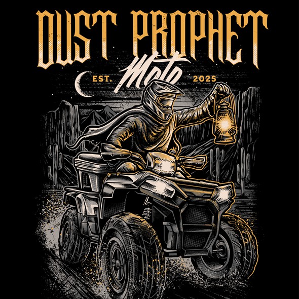 Motorcycle design with the title 'Dust Prophet Moto ATV T-shirt design'