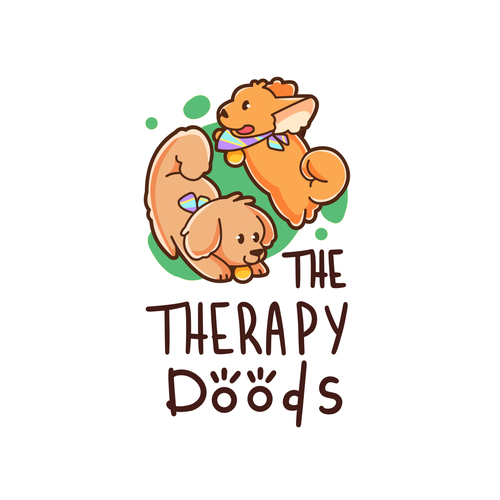Green and orange logo with the title 'Cute Logo Design For Therapy Dogs'