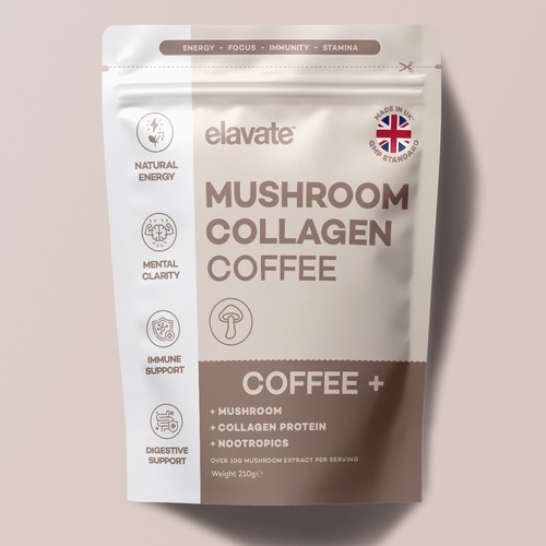 Stand-up pouch packaging with the title 'Mushroom Collagen Coffee'