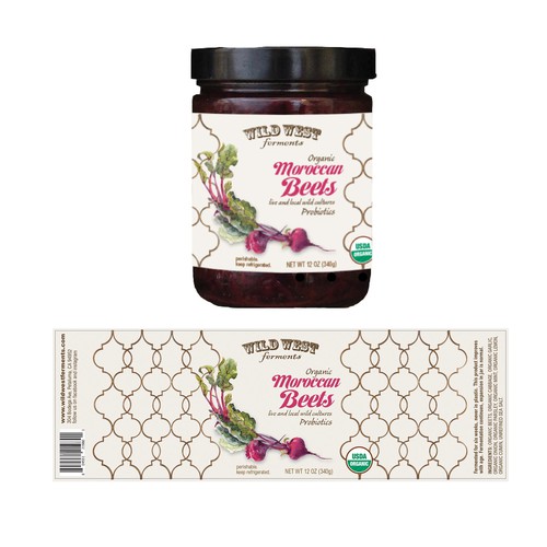 Watercolor label with the title 'Vibrant label design  for Wild West Ferments Moroccan Beets'