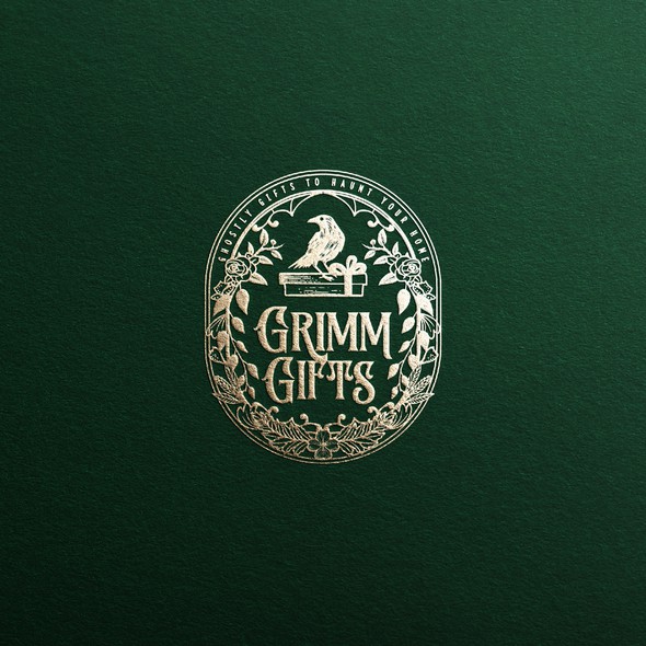 Crow design with the title '"Grimm Gifts" logo for vintage Dark Academia Decor and Gift Boutique'