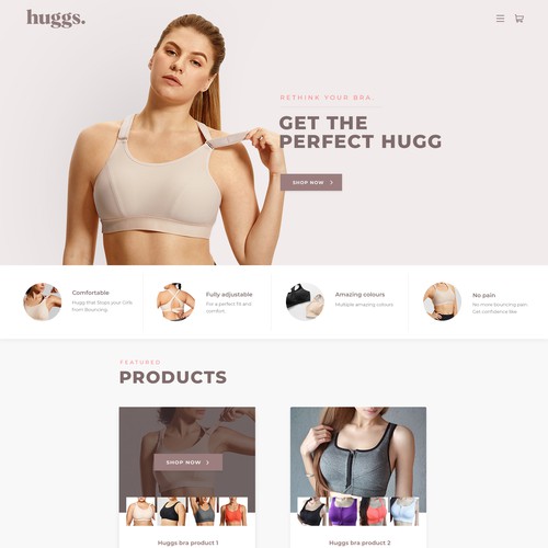 Online store website with the title 'Huggs sport bra website design'