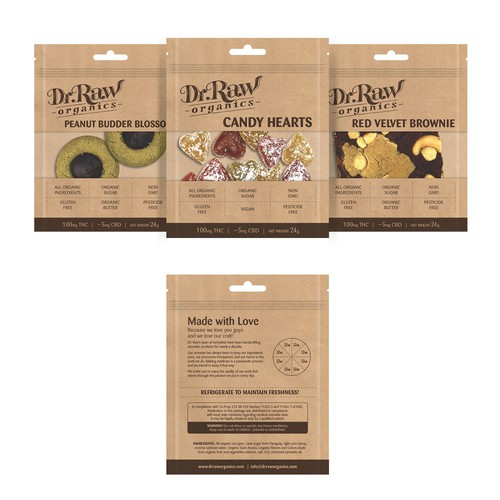 Pharmaceutical packaging with the title 'Packaging Design for Dr. Raw's Edible Products'