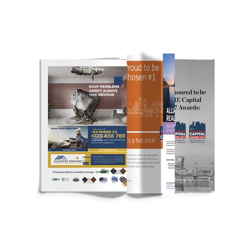 Magazine ad design with the title 'Elevated Roofing'
