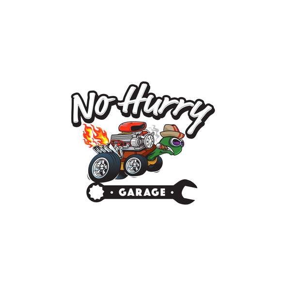Hot rod logo with the title 'No Hurry Garage Logo'