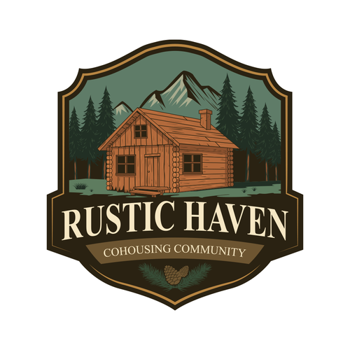 Cabin logo with the title 'Rustic Haven Cohousing Community'