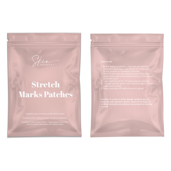 Cosmetics packaging with the title 'pouch for stretch marks patches'