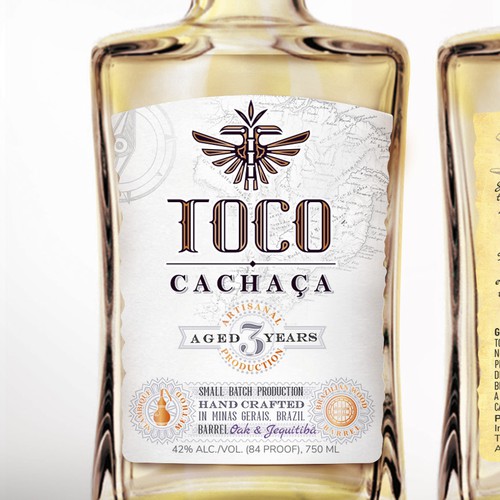 Product label with the title 'Cachaca Label Design. AWARDED SILVER MEDAL FOR LABEL DESIGN'