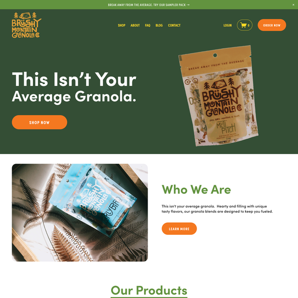 Ecommerce design with the title 'Brushy Mountain Granola Co E-commerce Design'