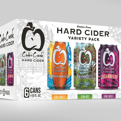 Illustration packaging with the title 'Cider Creek Hard Cider 6-pack Variety Packaging'