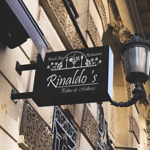Beach bar design with the title 'Rinaldo's Beach-Bar & Restaurant at Palma de Mallorca street sign'