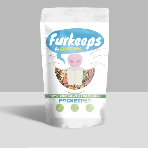 Pet food packaging with the title 'Furkeeps'