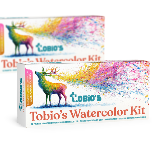 Art design with the title 'Tobio's Watercolor Kit - Retail Packaging'