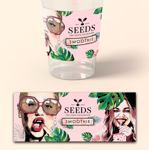 Pink packaging with the title 'Smoothie Label Design/Seeds'