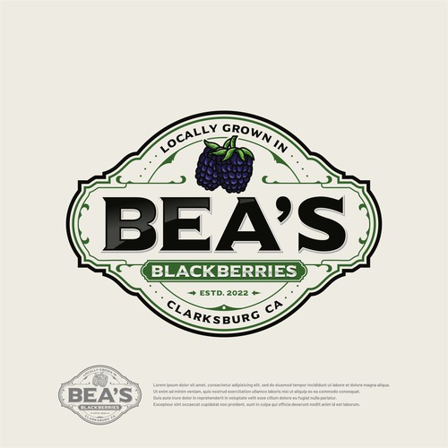 Berry logo with the title 'Bea’s Blackberries - Locally grown in Clarksburg CA'