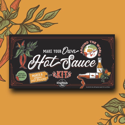 Sauce design with the title 'Delightfully hot sauce package design 🌶🌱'