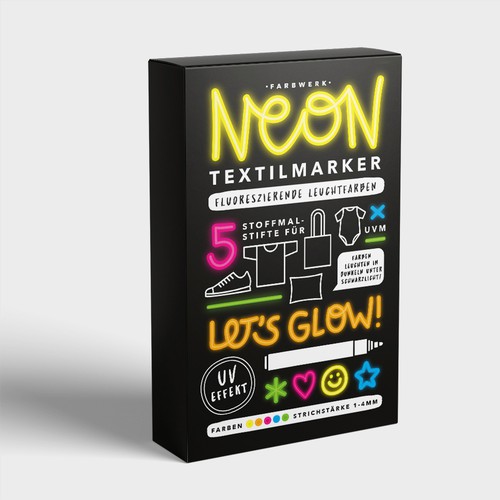 Creative packaging with the title 'Neon markers  vector illustration packaging design '