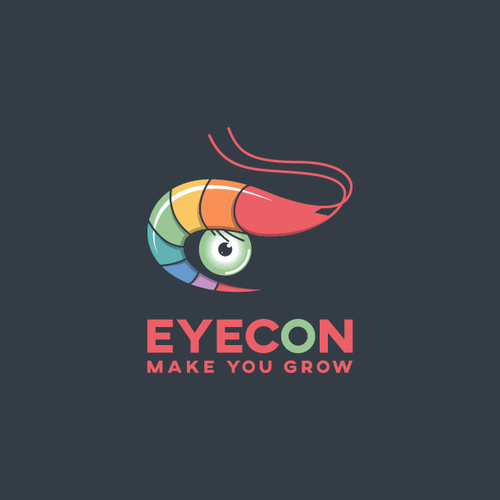 Shrimp design with the title 'Eyecon, a growth making company needs her modern, powerful, funny and new brand identity.'