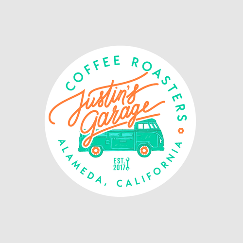 Turquoise logo with the title 'Logo concept for an amazing coffee roasters company from Alameda, California. With their beautiful 1962 Volkswagen single cab truck illustration in it!'