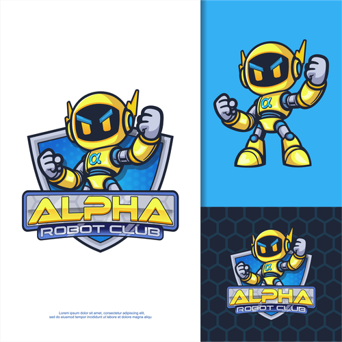 Robot brand with the title 'Mascot Logo Character, cartoon Cute Alpha Robot'