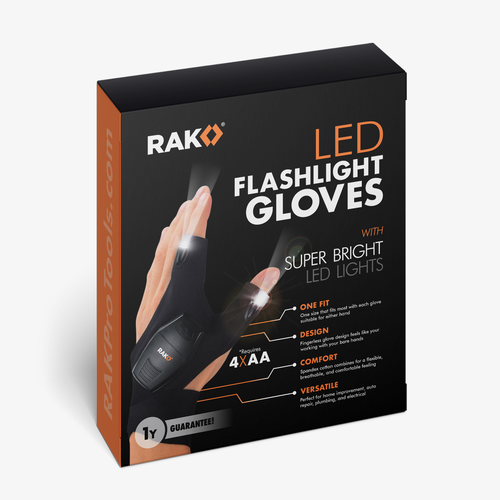 Technology packaging with the title 'RAK Flashlight Gloves'