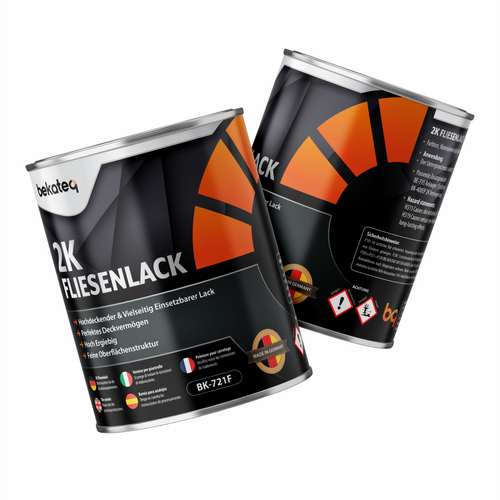 Metallic design with the title 'BEKATEQ - 2K FLIESENLACK LABEL'