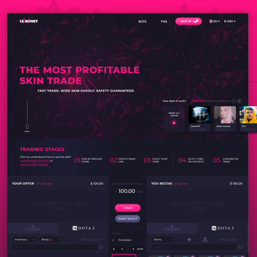 Pink website with the title 'Bold pink concept for skin trade platform '