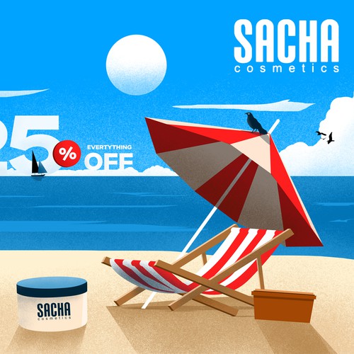 Beach artwork with the title 'Sacha Summer Sale Illustration'