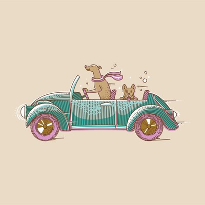 Illustration of dogs driving a car