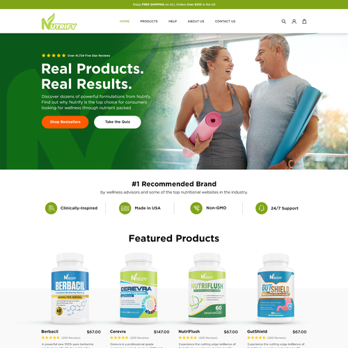 Green website with the title 'Supplement Brand Home Page Design - Nutrify'