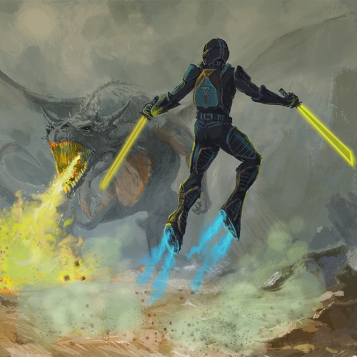 Adobe Photoshop artwork with the title 'Dragon&Futuristic Soldier'
