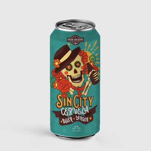 Sugar skull design with the title 'Sincity Cerveza Beer label design'