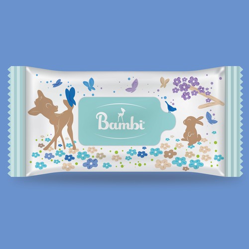 Cartoon packaging with the title 'baby wipes packaging design'