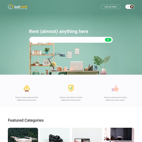 Rental website with the title 'Website design for justrent'